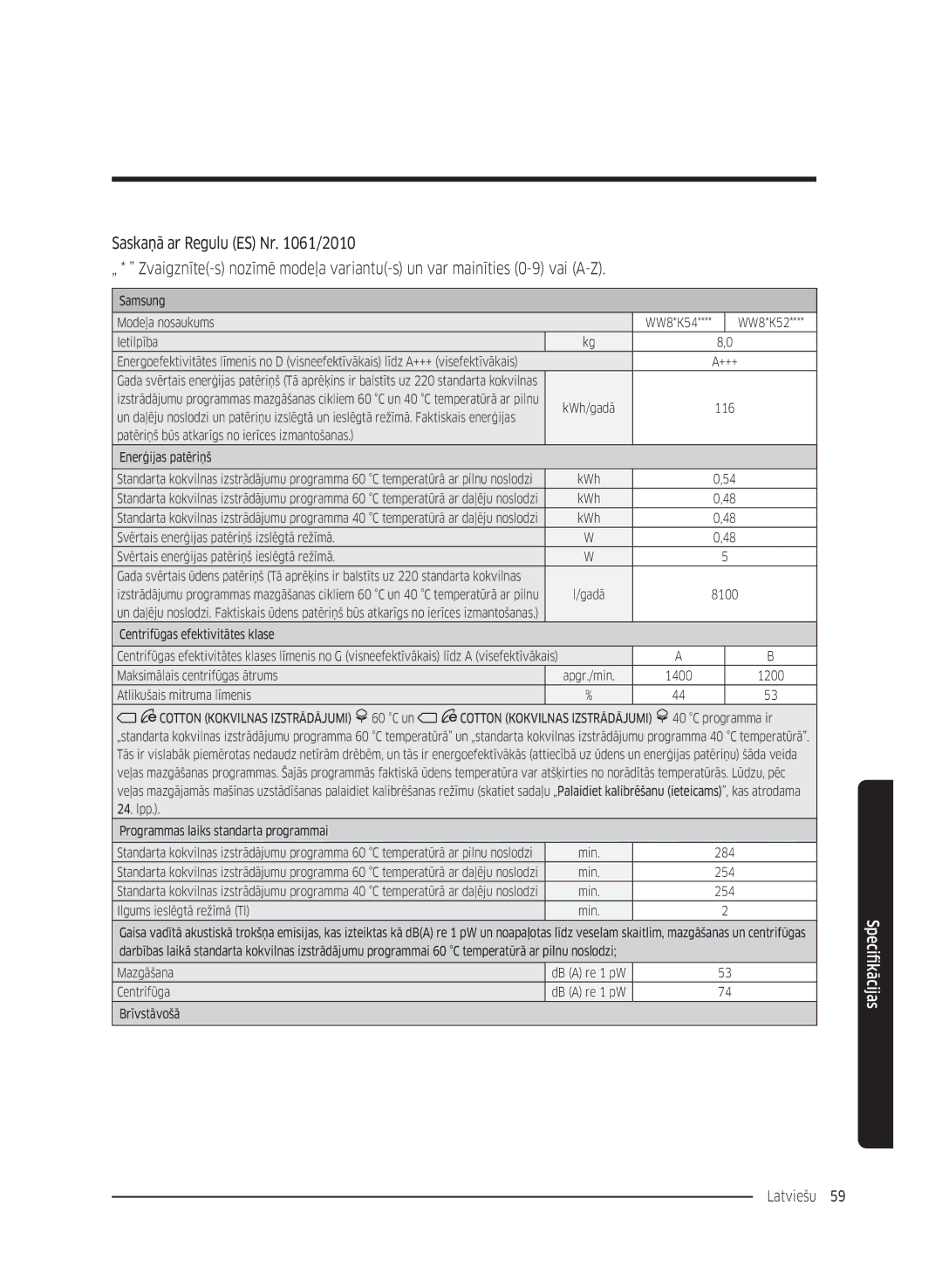 Samsung WW8SK5410UW/KJ, WW80K5410UW/EO, WW80K5410UW/LV, WW80K5210UW/LE, WW90K5410WW/LE, WW70K5410UW/LE manual Latviešu 59  